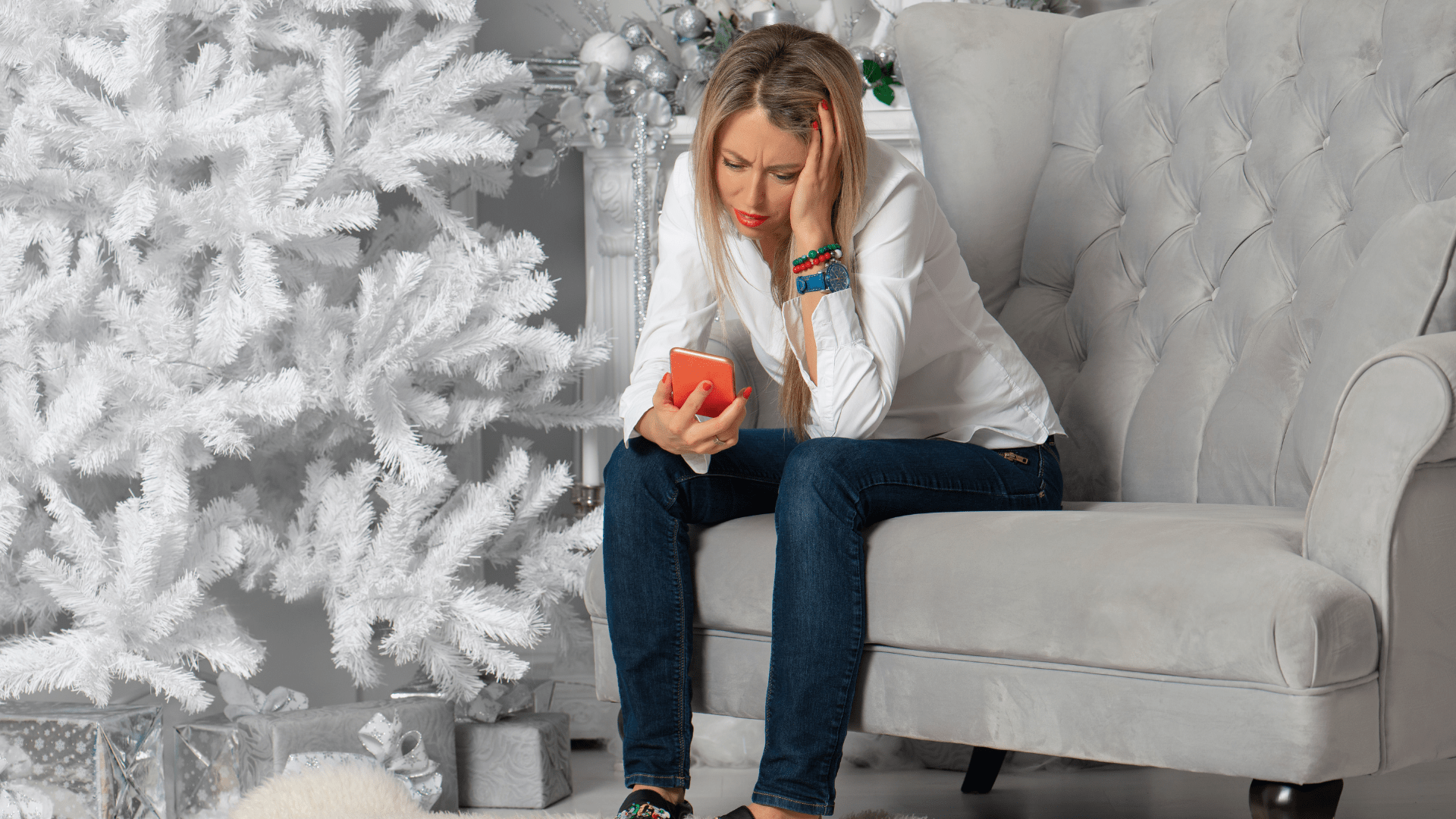 Image of person looking stressed near a Christmas tree. This image depicts someone that could benefit from stress counseling in Tigard, OR. (97223) We also have therapy for relationship issues. We can meet you via online therapy in Oregon to get started. 