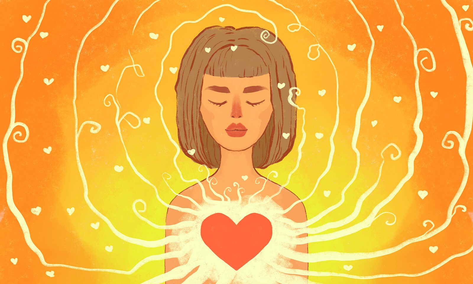vibrant heart | codependency counseling near me | stress counseling | anxiety therapy | relationship therapy | Portland area 97281 Illustration of a woman with a big heart sending good vibes. Showing the benefits of online therapy for codependency in Oregon. We can help with stress counseling, anxiety counseling, and depression treatment in Tigard, OR 97281.