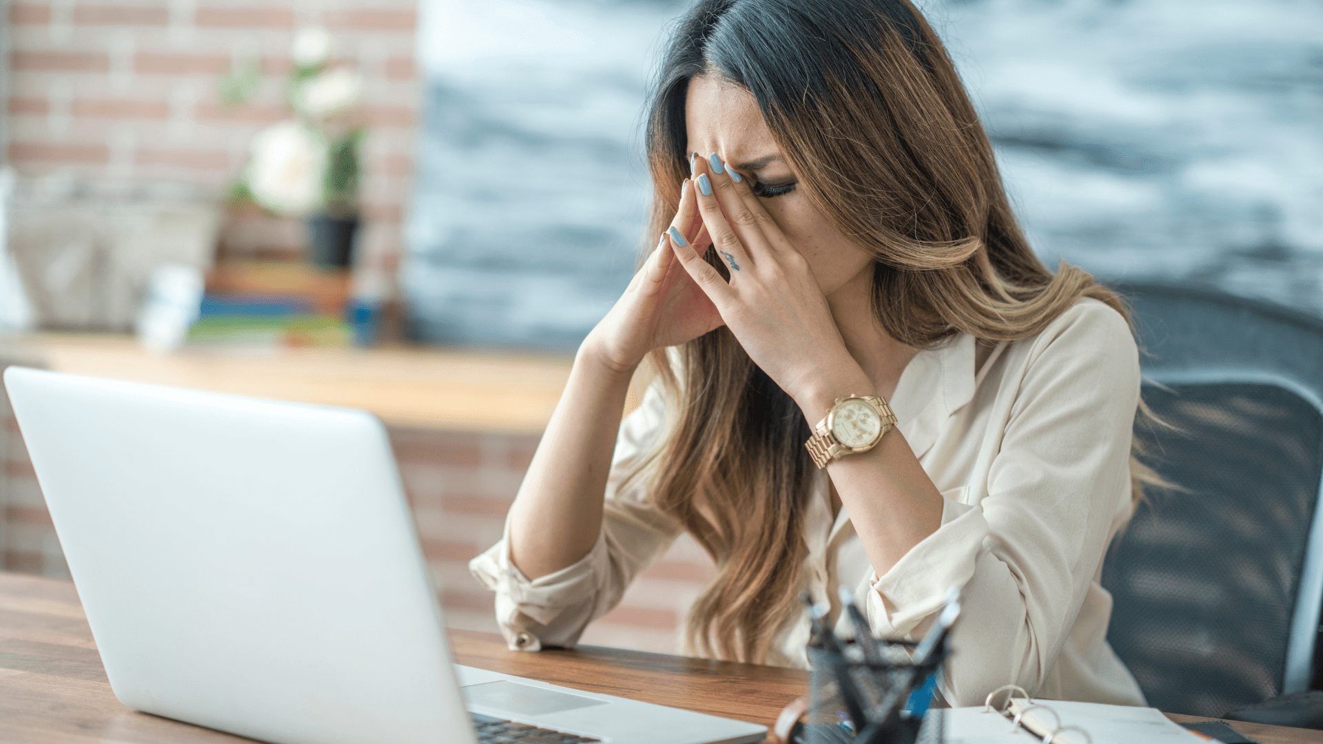 woman at work | stress counseling in Tigard, OR | codependency counseling | codependency symptoms | social anxiety | anxiety treatment | 97223 Image of a woman sitting at a computer with her head in her hands. A business therapist explains tips to make getting through the work day easier. If you need help to stop feeling stuck start stress counseling in Tigard, OR. We also offer codependency counseling if you are experiencing codependency symptoms. As well as anxiety treatment for social anxiety in Oregon.