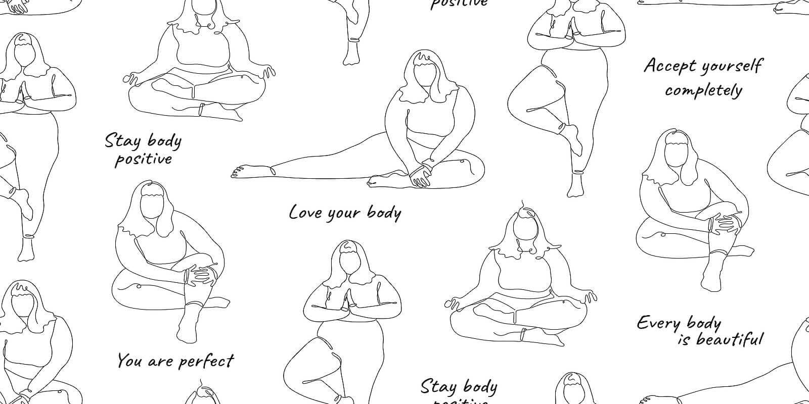 Illustration of women in a yoga outfit surrounded by body positive words and sayings. Stress counseling in Tigard, OR can help you embrace your body. Sometimes we need help feeling joy and an anxiety counselor in Tigard can help. Call today to start therapy for anxiety for anxiety in Tigard, OR.