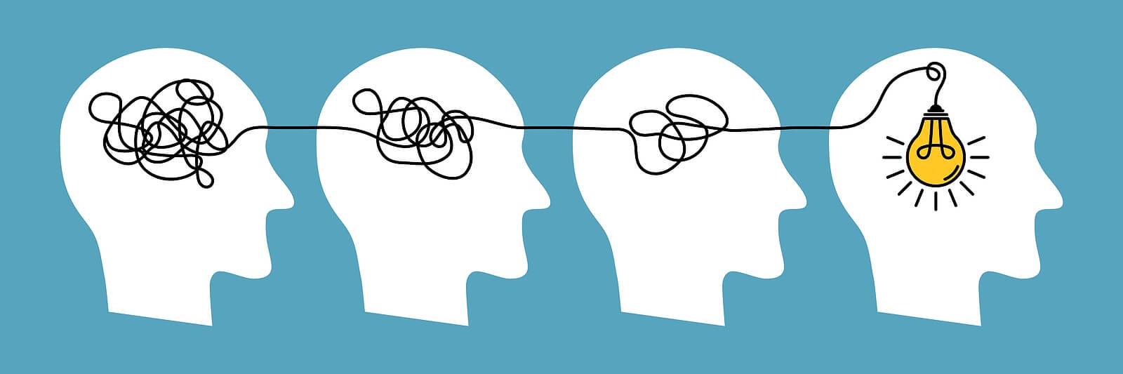 lightbulb moment | online therapist in oregon | anxiety counseling in tigard, or | life transition therapy | 97223 A graphic of four heads showing the progression of a lightbulb moment. Contact an online therapist in Oregon to learn more about creating a growth mindset. Search for anxiety counseling in Tigard, OR and other services today.