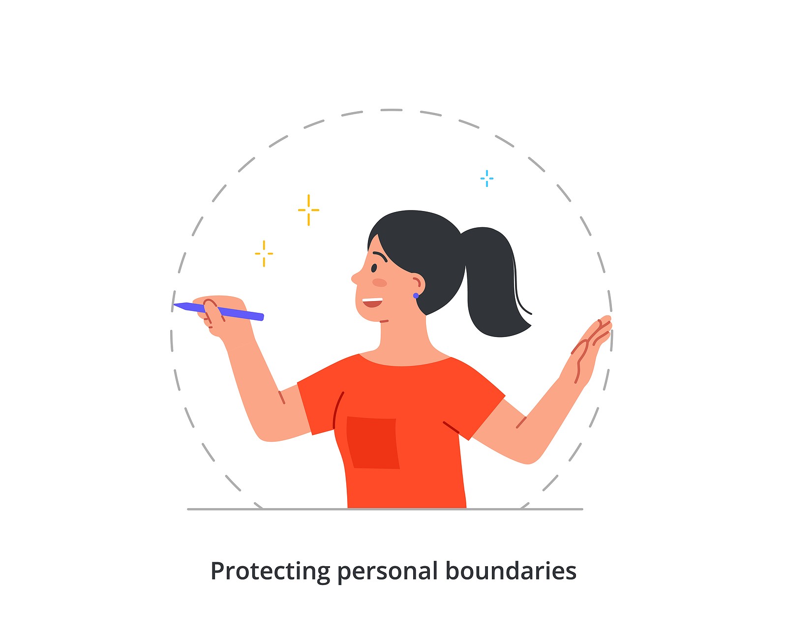 personal boundaries | christian therapist in tigard, or | online therapist in oregon | christian counseling in tigard, or | 97223 | 97224 | 97281 A vector graphic of a woman tracing personal boundaries around her with a pencil. This could represent healthier boundaries cultivated from working with a Christian therapist in Tigard, OR. Learn more about how an online therapist in Oregon can offer support by searching for "christian counseling near me, tigard, or" today.