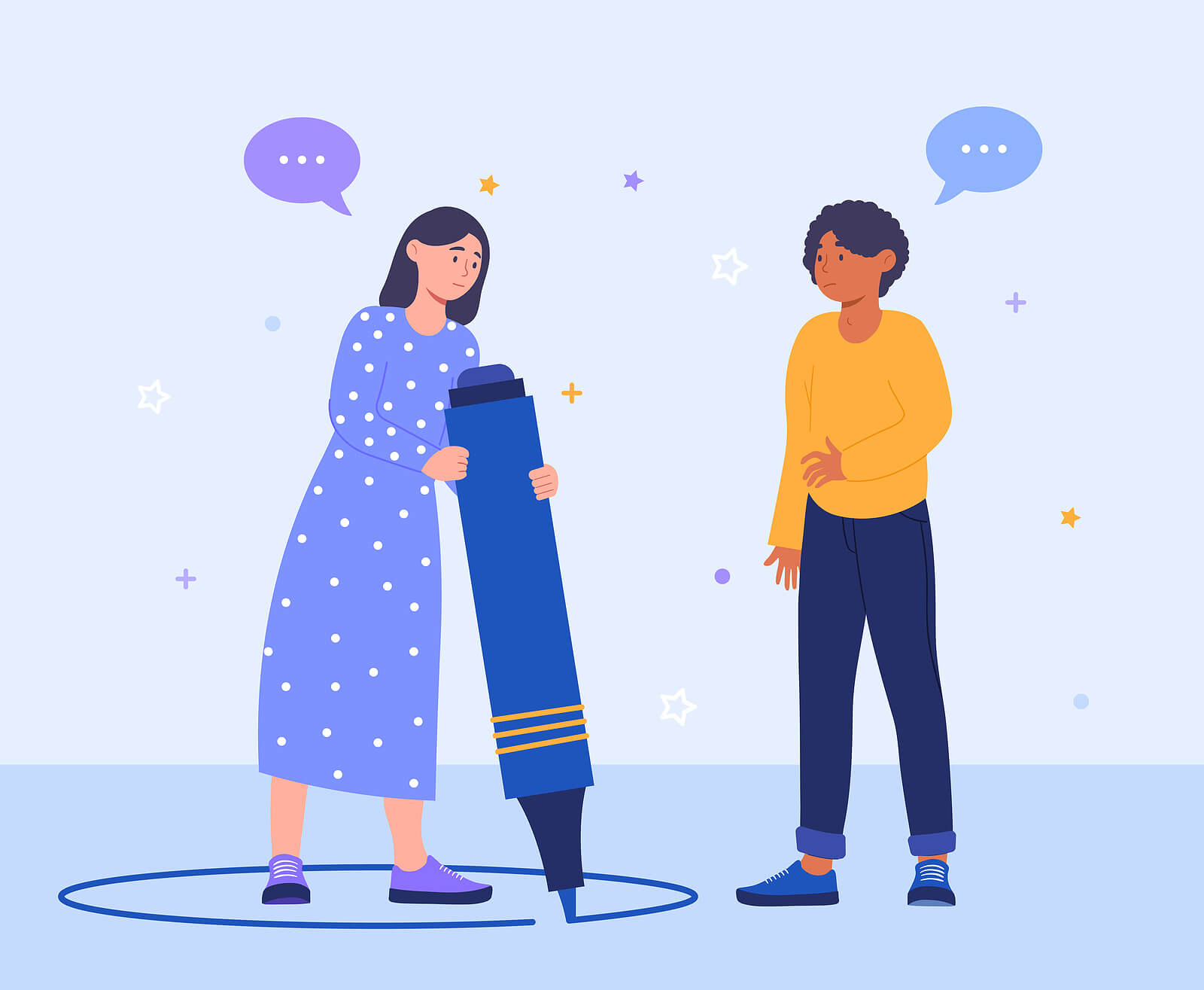 Two people stand on a blue background. One person in a blue dress holds a giant pen, while the other in a yellow shirt looks on. This could represent creating boundaires with the help of a codependency therapist in Tigard, OR. Search for trauma counseling in Tigard, OR and other services today. 
