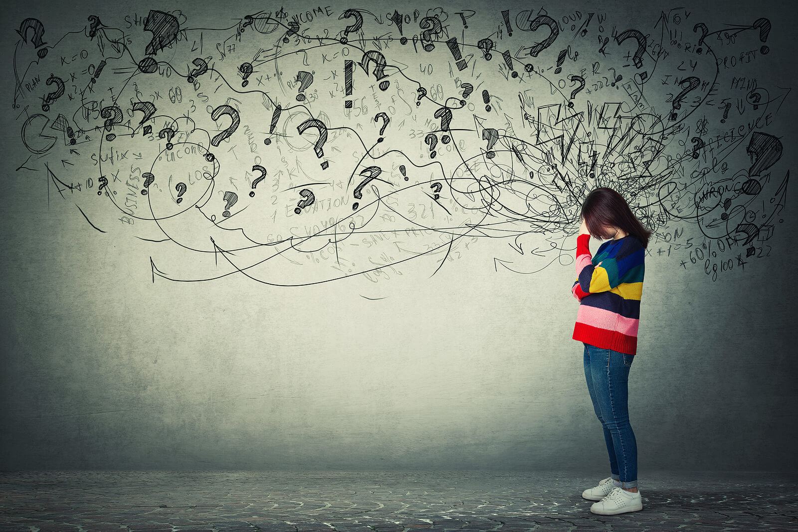 stressed woman | anxiety therapist in tigard, or | therapist tigard | online therapist in oregon | 97223 | 97224 | 97281 A woman stands with a hand against her forhead while surrounded by scribbled drawings of exclaimation points and question marks. This could represent the effects of global conflicts and challenges that an online therapist in Oregon can help address. Learn more about anxiety treatment in Tigard, OR by searching for "therapist Tigard" today.