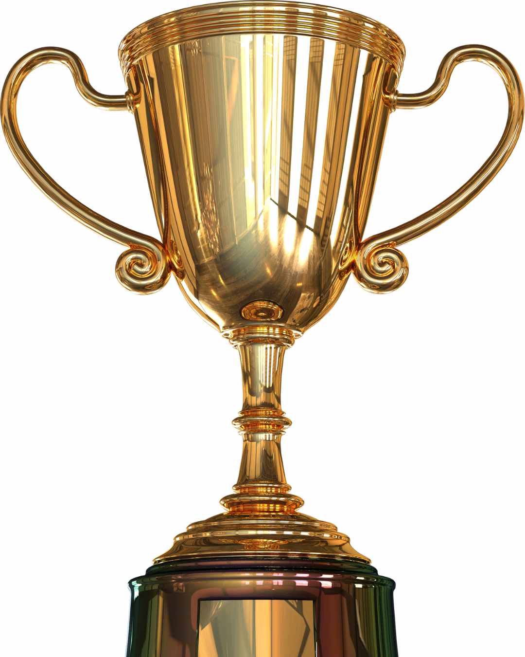 A gold trophy cup with two handles and a reflective surface, mounted on a dark base, photographed on a white background.