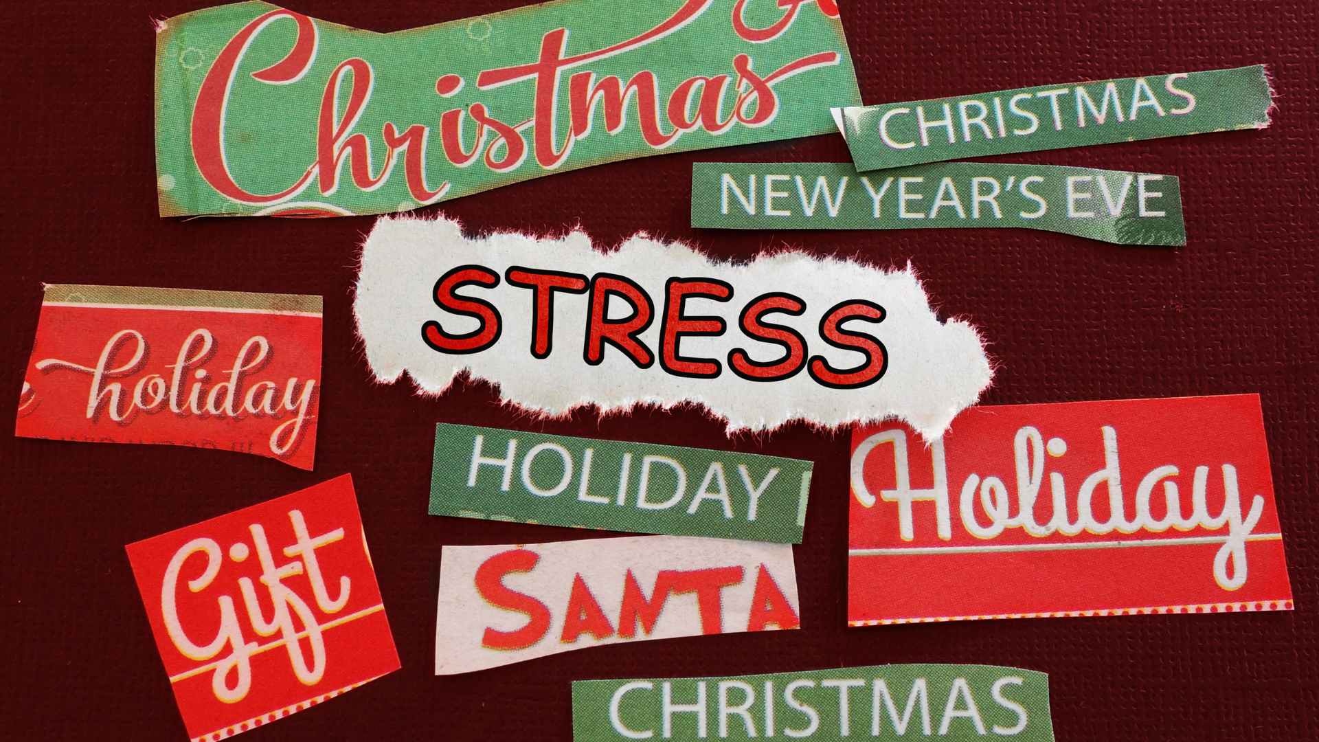 Cut-out words | Online therapy in Oregon | Best therapist in Tigard, OR | Anxiety therapy in Oregon Cut-out words like "Christmas," "Holiday," "Gift," "Santa," and "New Year's Eve" surround the word "STRESS" on a dark background, highlighting holiday stress from a mental health therapist in Tigard, OR and online therapist in Oregon.